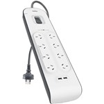 BELKIN BSV804AU2M SURGEMASTER SURGE PROTECTION POWERBOARD 8OUTLET2USB 2M WHITEGREY